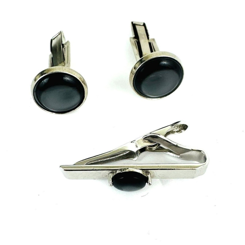 Swank Mens Vintage Silver Tone Black Cabochon Cufflinks‎ and Tie Clip Set MCM